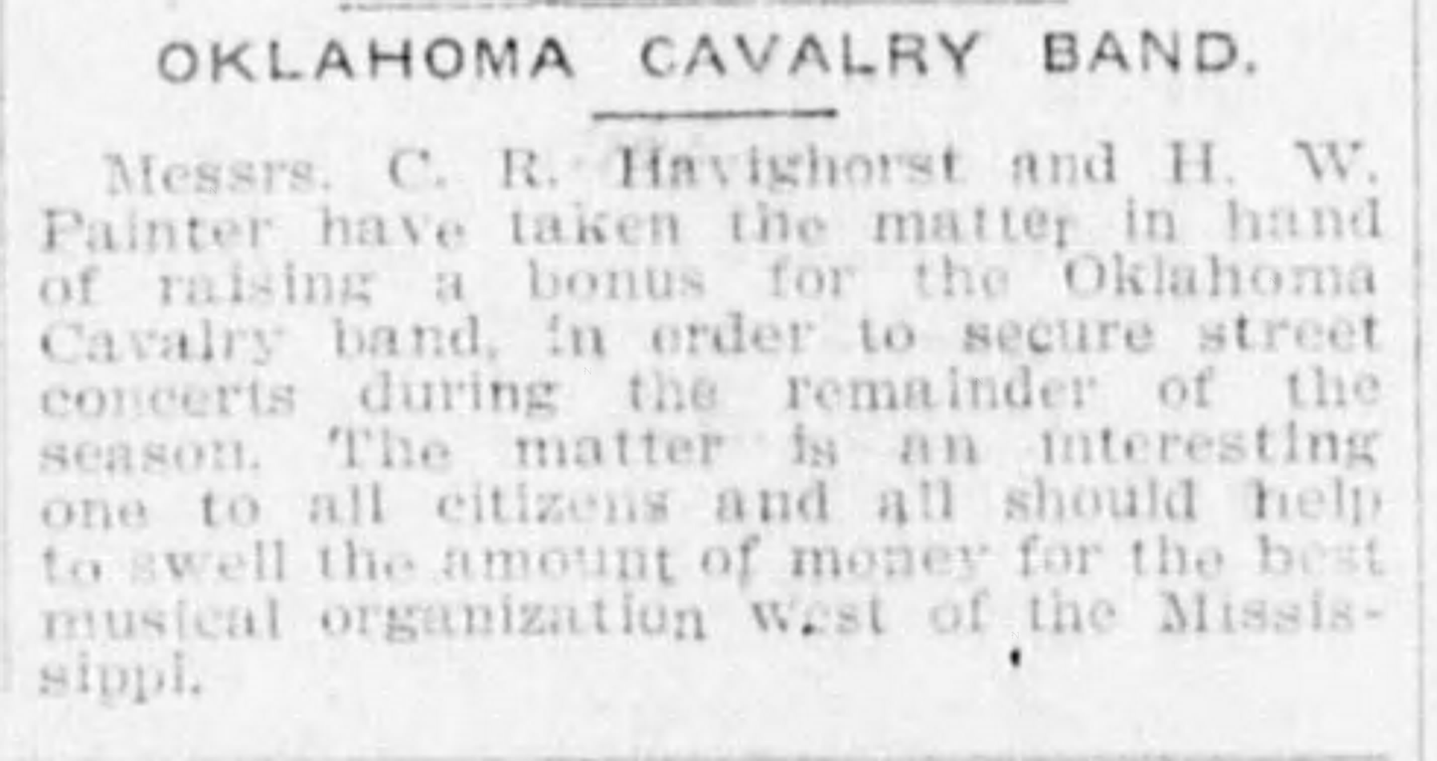 Newspaper clipping from The Oklahoma State Capital, September 18, 1902, page 5, documenting Oklahoma Cavalry Band; Oklahoma Press Association Ladies' Band.