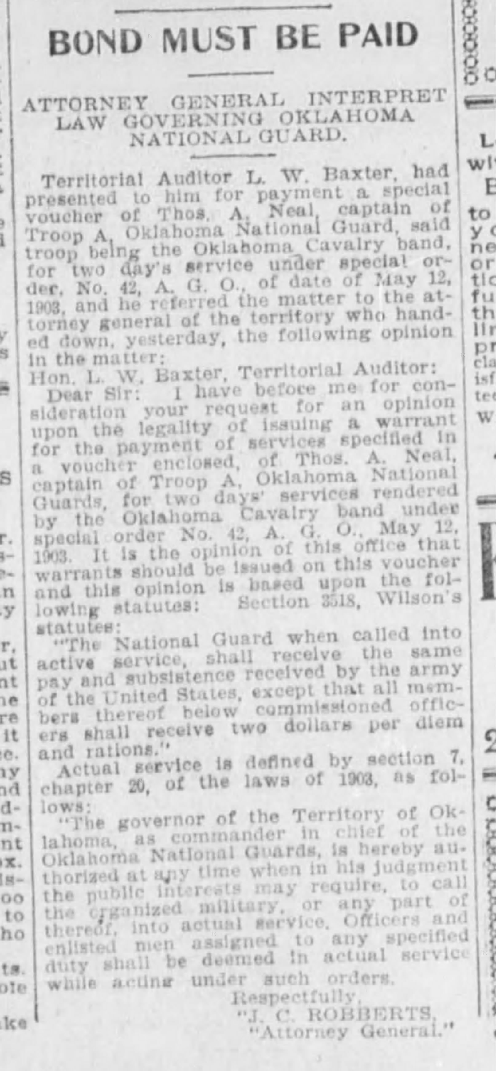 Newspaper clipping from The Oklahoma State Capital, July 3, 1903, page 5, documenting Oklahoma Cavalry Band; Oklahoma Press Association Ladies' Band.