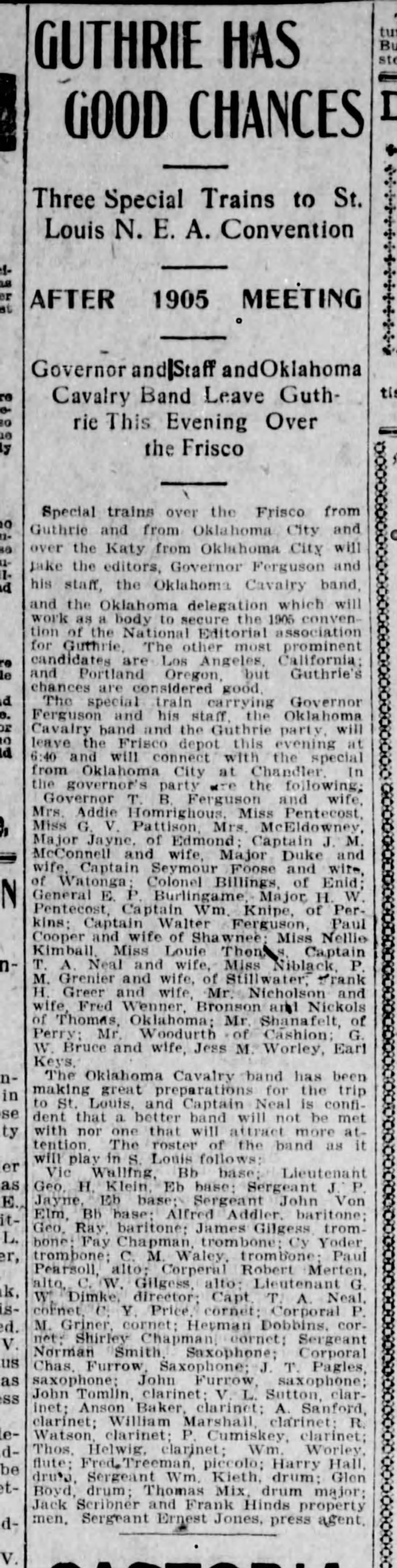 Newspaper clipping from The Oklahoma State Capital, May 14, 1904, page 6, documenting Oklahoma Cavalry Band; Oklahoma Press Association Ladies' Band.