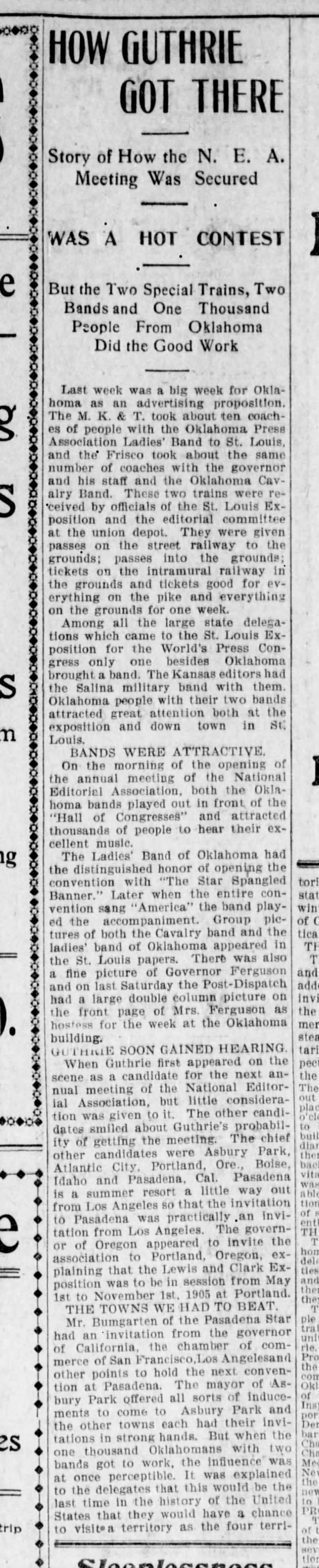 Newspaper clipping from The Oklahoma State Capital, May 26, 1904, page 5, documenting Oklahoma Cavalry Band; Oklahoma Press Association Ladies' Band.