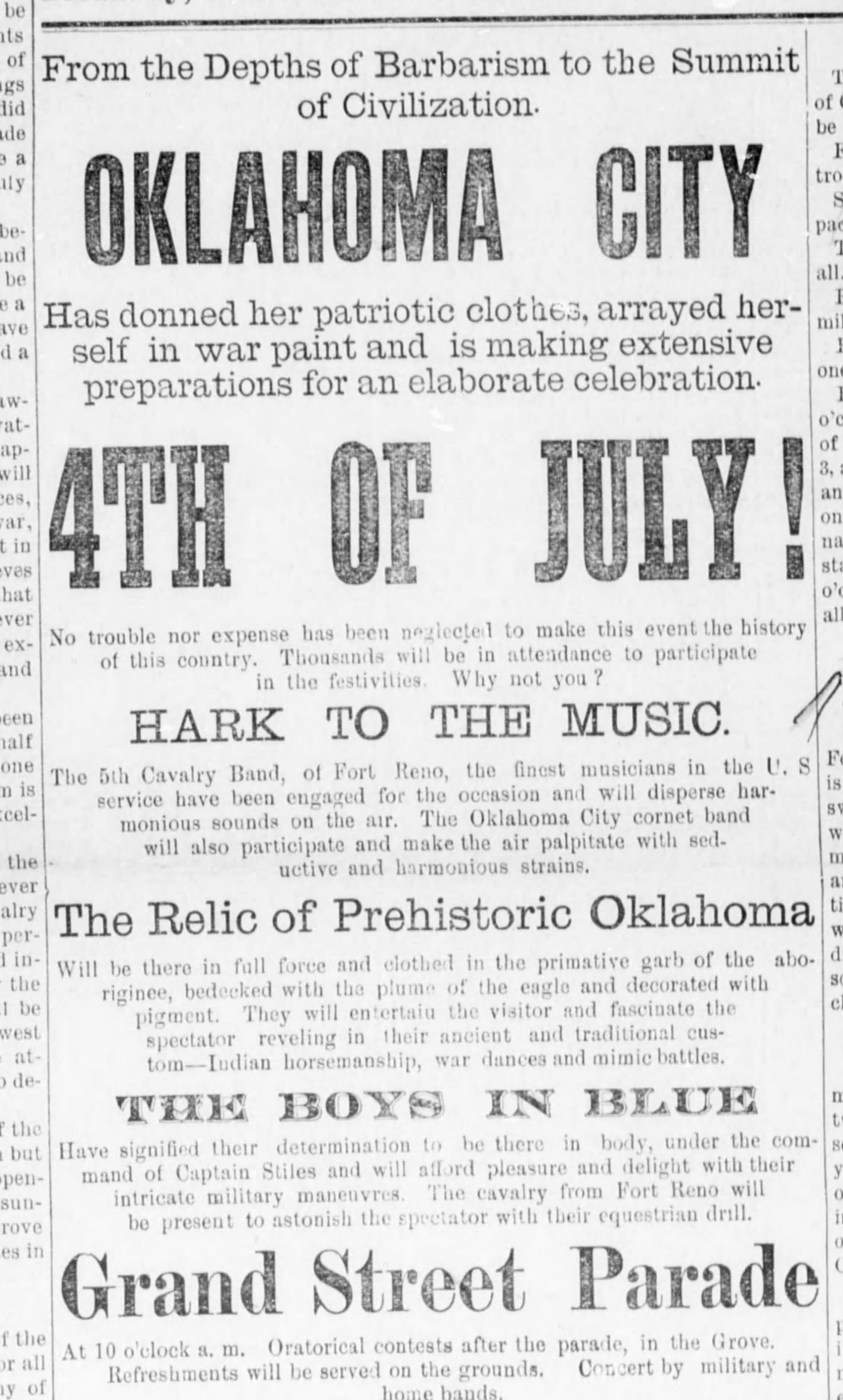 Newspaper clipping from The Oklahoman, July 1, 1891, page 3, documenting Oklahoma Cavalry Band; Oklahoma Press Association Ladies' Band; Fort Reno 5th Cavalry Band.