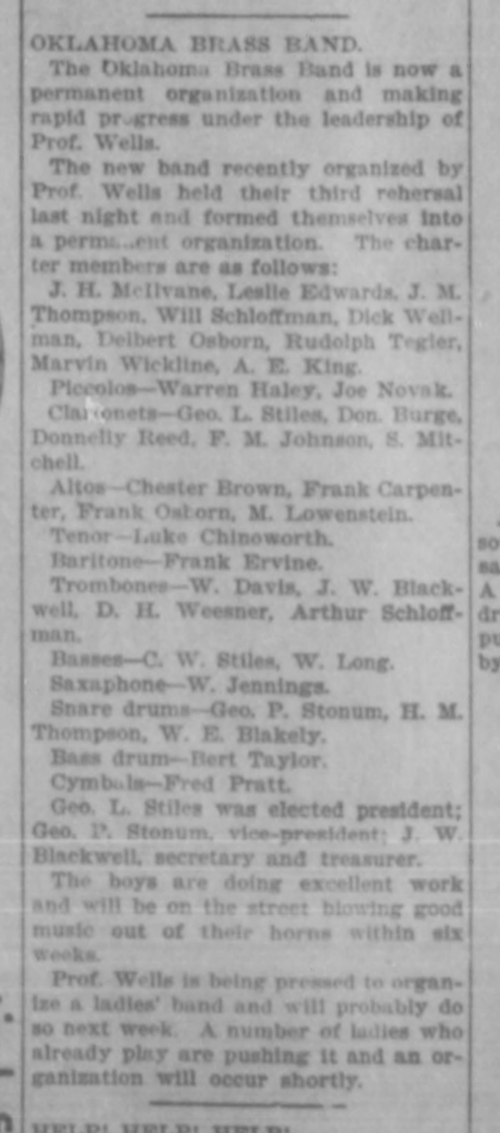 Newspaper clipping from The Oklahoman, April 7, 1902, page 7, documenting Oklahoma Brass Band; Proposed ladies' band under Professor Wells.