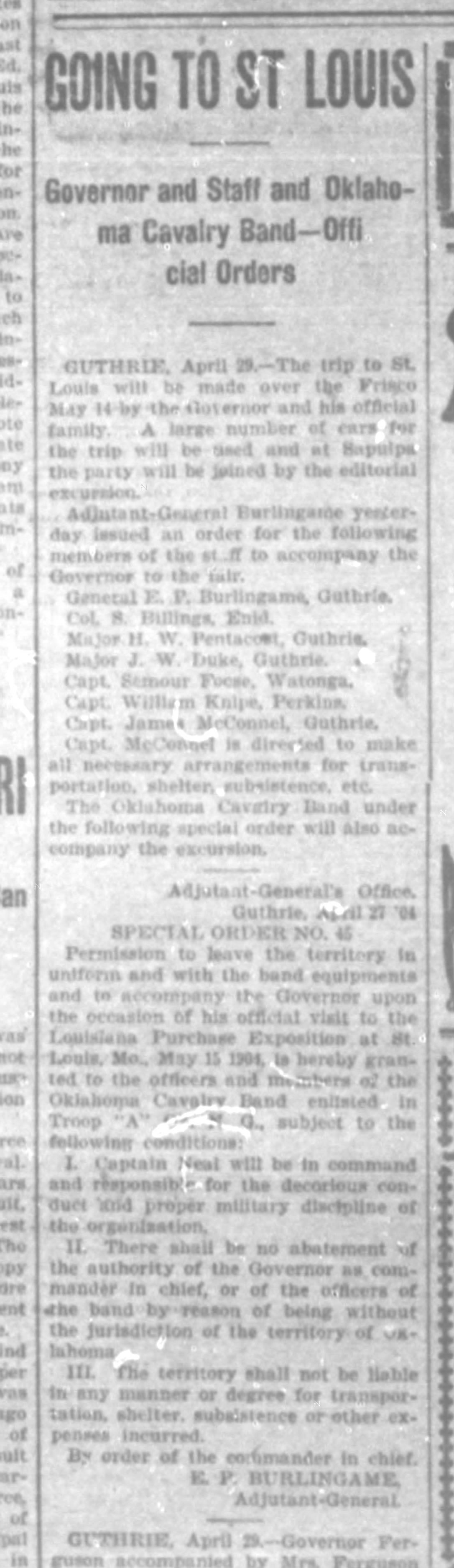 Newspaper clipping from The Oklahoman, April 29, 1904, page 8, documenting Oklahoma Cavalry Band; Oklahoma Press Association Ladies' Band.