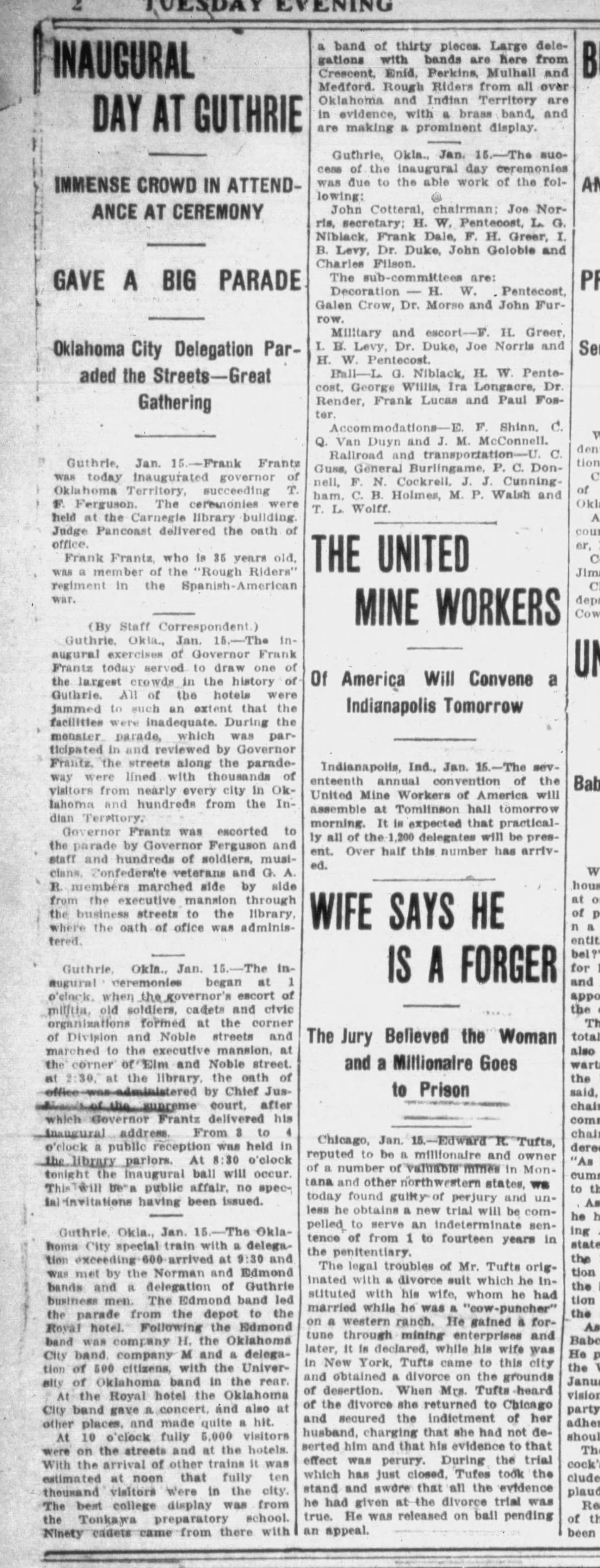Newspaper clipping from The Oklahoman, January 16, 1906, page 2, documenting Norman Band; Edmond Band; Oklahoma City Band; University of Oklahoma Band; Crescent Band; Enid Band; Perkins Band; Mulhall Band; Medford Band; Tonkawa Preparatory School Band; Rough Riders brass band.