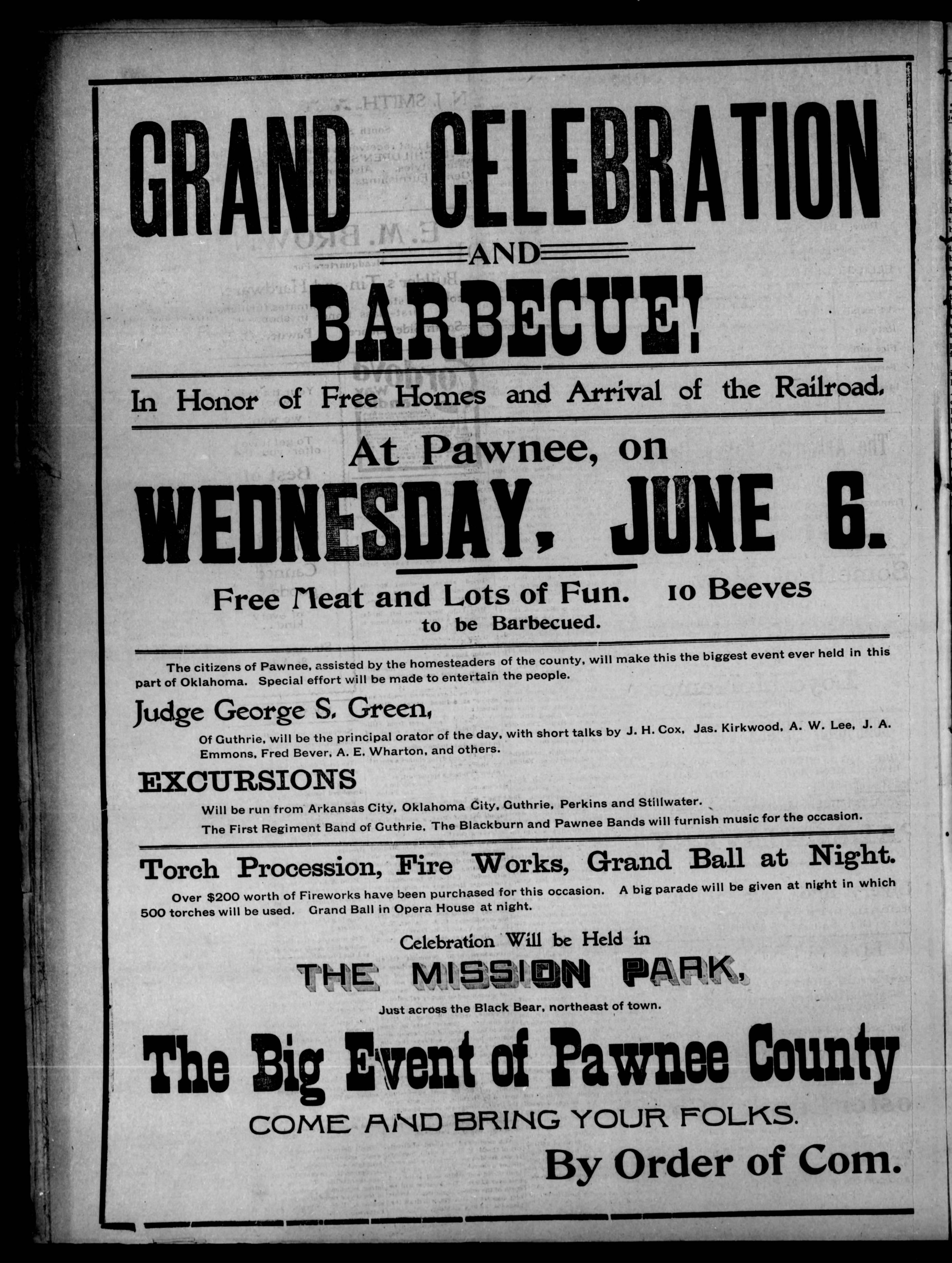 Newspaper clipping from The Pawnee Dispatch, June 1, 1900, page 4, documenting First Regiment Band of Guthrie; Blackburn Band; Pawnee Band.