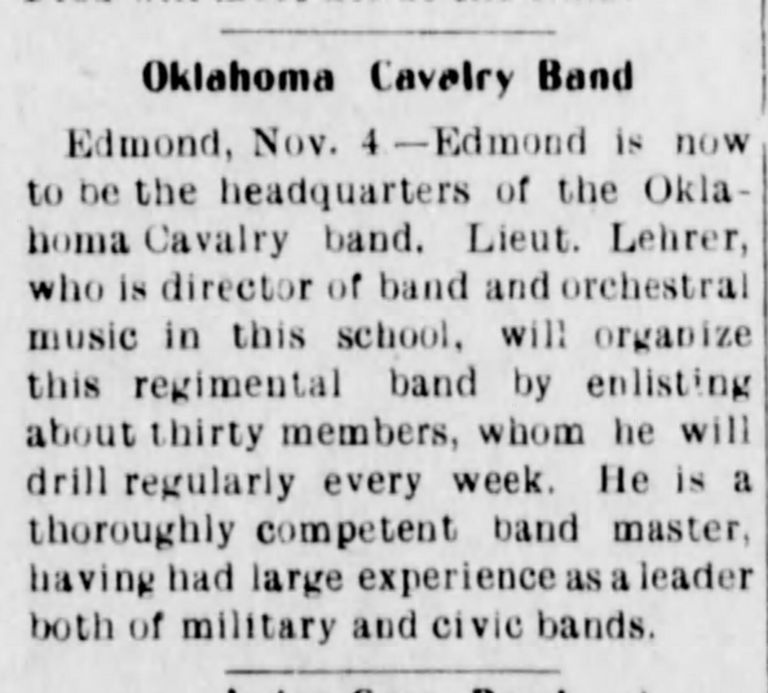 Newspaper clipping from The Perry Republican, November 10, 1905, page 6, documenting Oklahoma Cavalry Band.