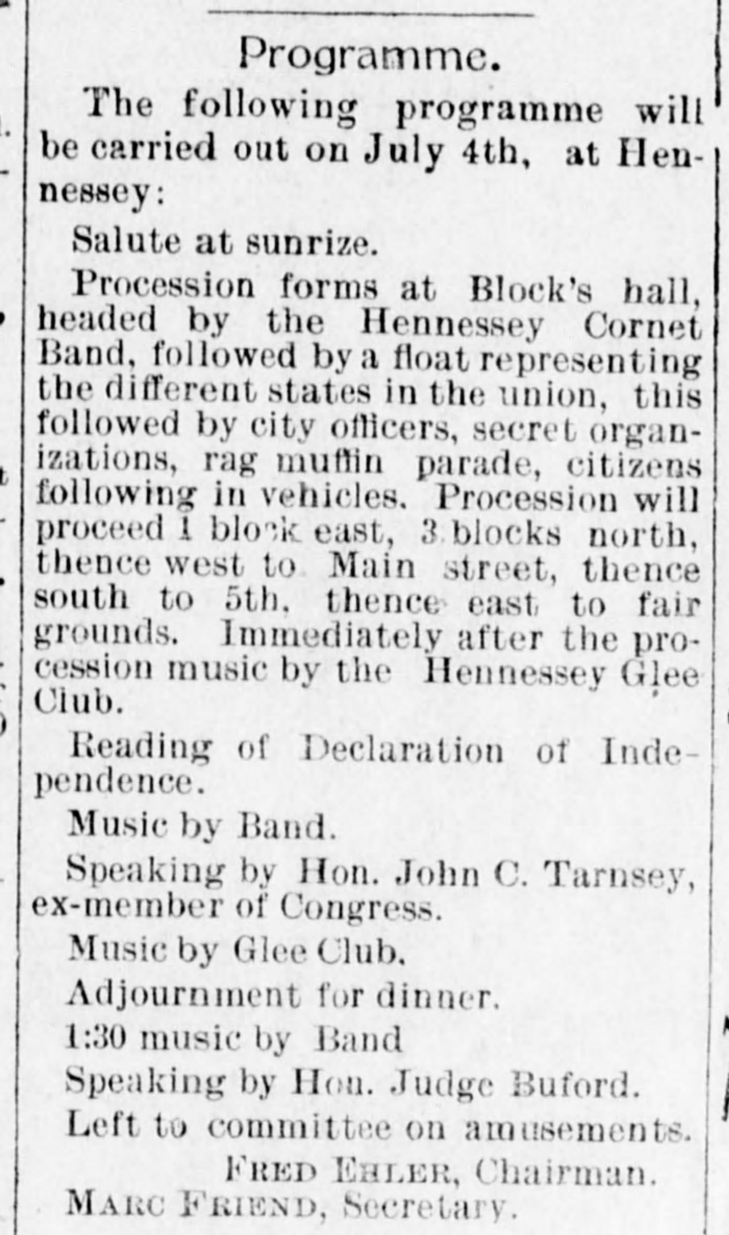 Newspaper clipping from The Press Democrat, June 18, 1896, page 8, documenting Hennessey Cornet Band.