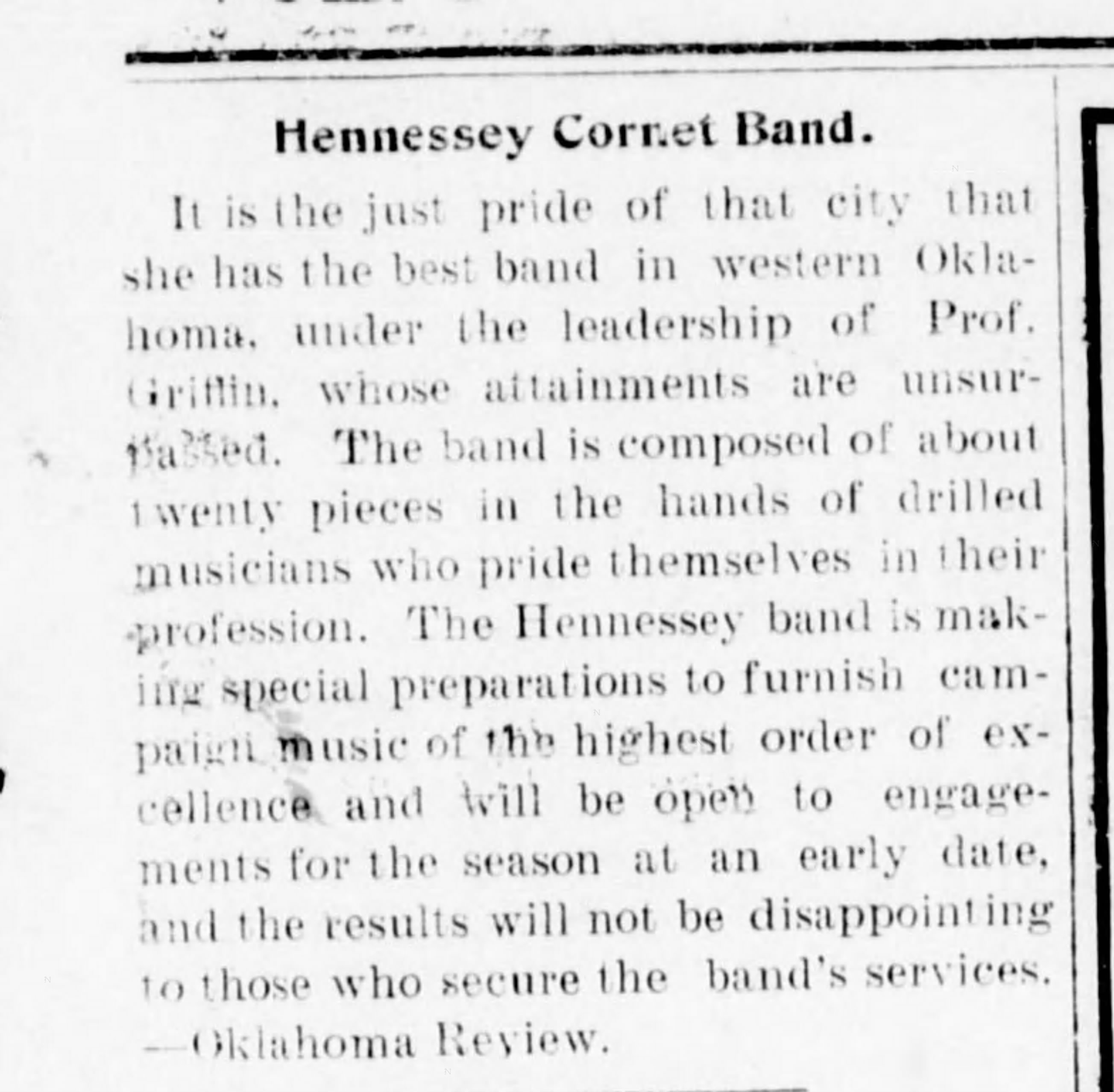 Newspaper clipping from The Press Democrat, June 29, 1900, page 1, documenting Hennessey Cornet Band.