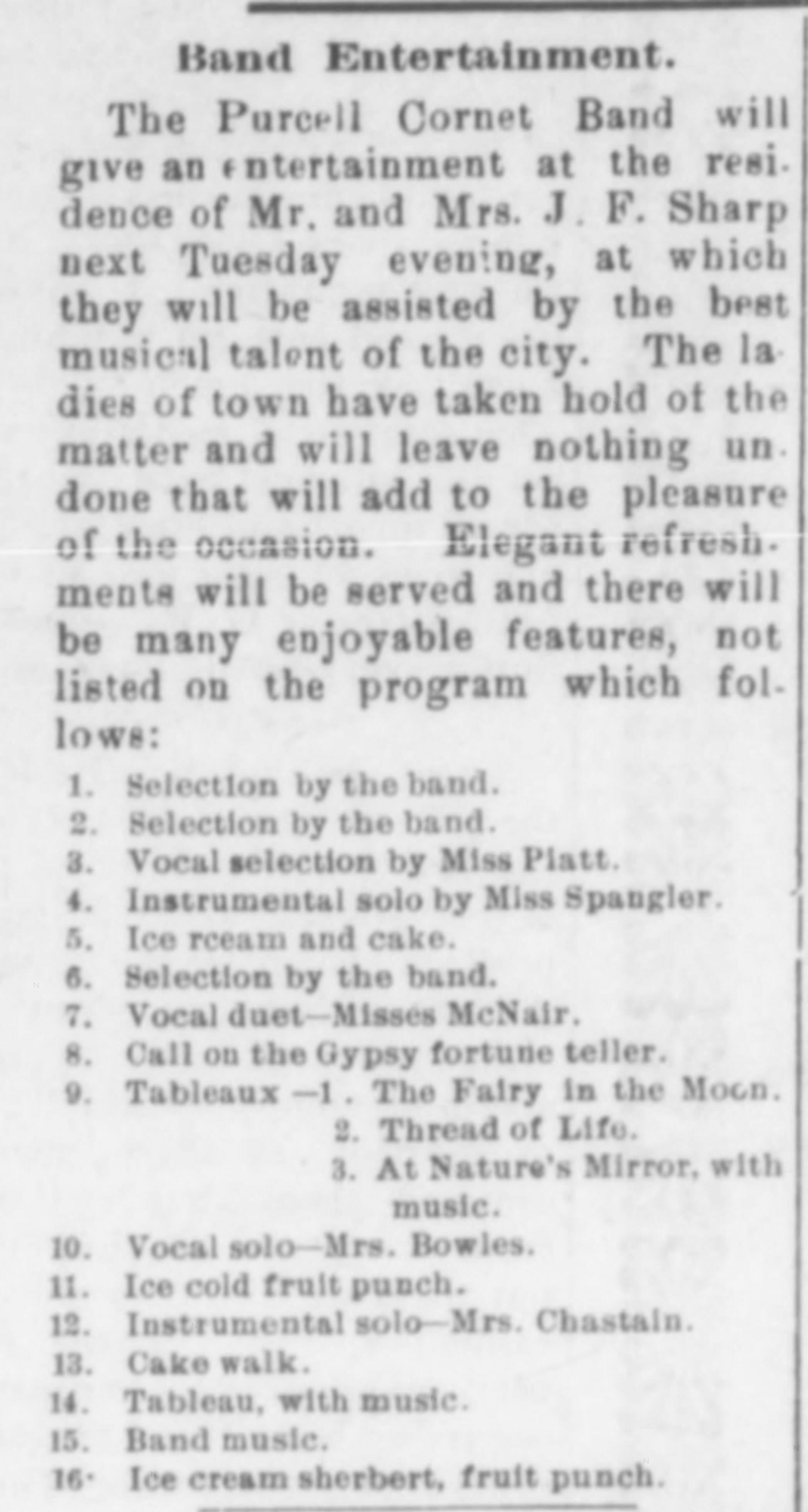 Newspaper clipping from The Purcell Register, July 21, 1899, page 7, documenting Purcell Cornet Band.