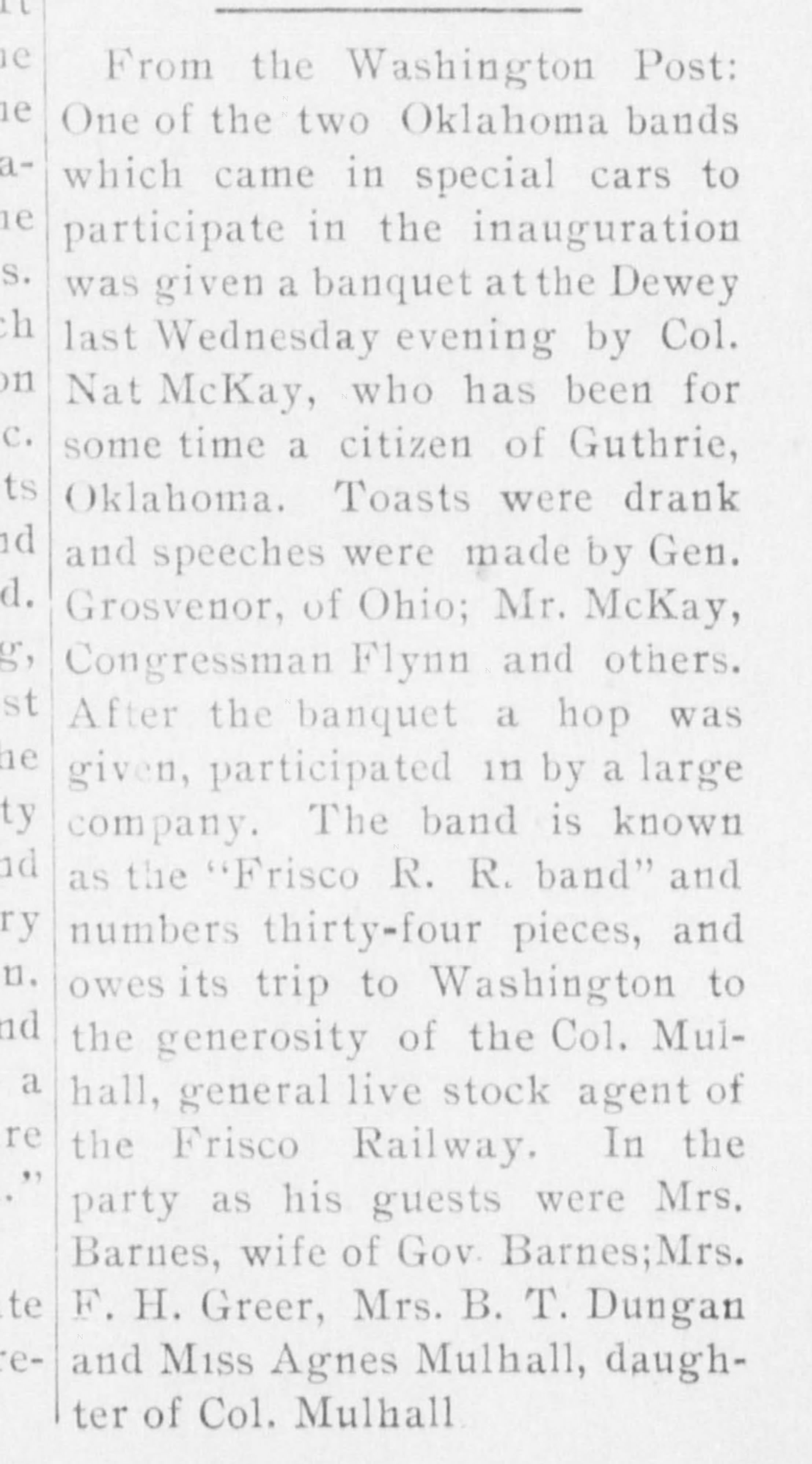 Newspaper clipping from The Southwest World, March 16, 1901, page 7, documenting Frisco R.R. Band.