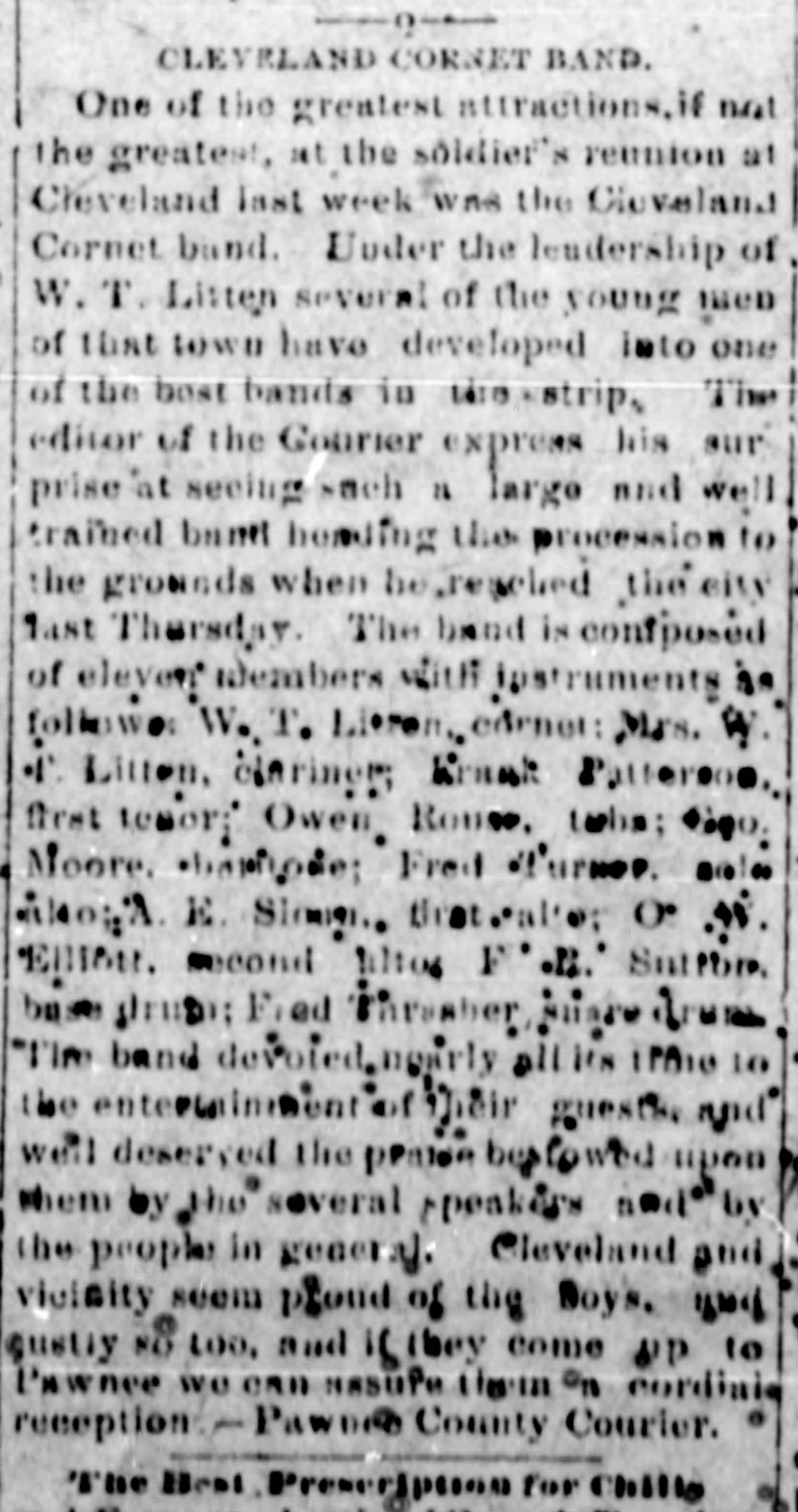 Newspaper clipping from The Triangle, September 28, 1899, page 4, documenting Cleveland Cornet Band.