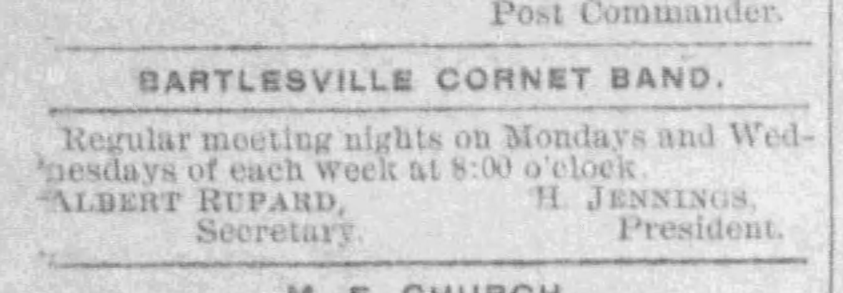 Newspaper clipping from The Weekly Examiner, March 27, 1896, page 2, documenting Bartlesville Cornet Band.