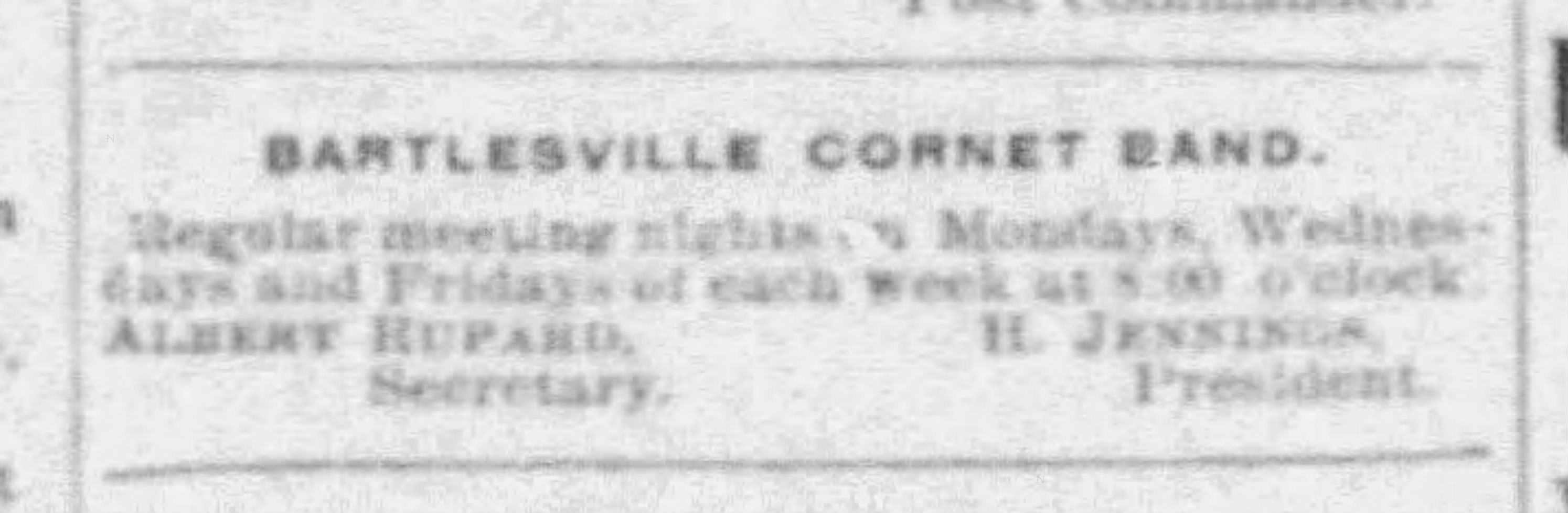 Newspaper clipping from The Weekly Examiner, March 19, 1897, page 4, documenting Bartlesville Cornet Band.