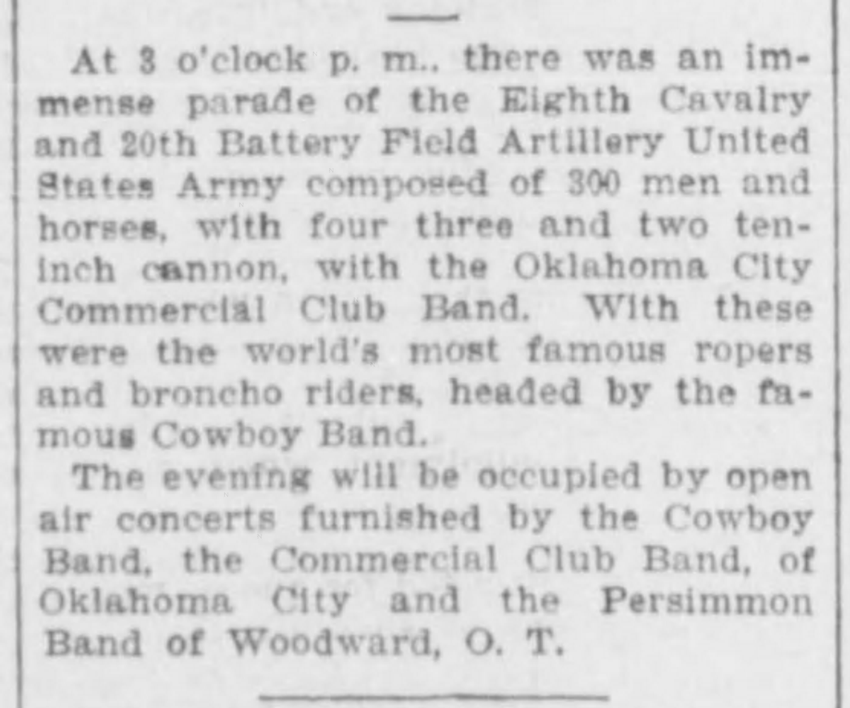 Newspaper clipping from The Weekly Times Journal, February 13, 1903, page 4, documenting Oklahoma City Commercial Club Band; Cowboy Band; Persimmon Band of Woodward.