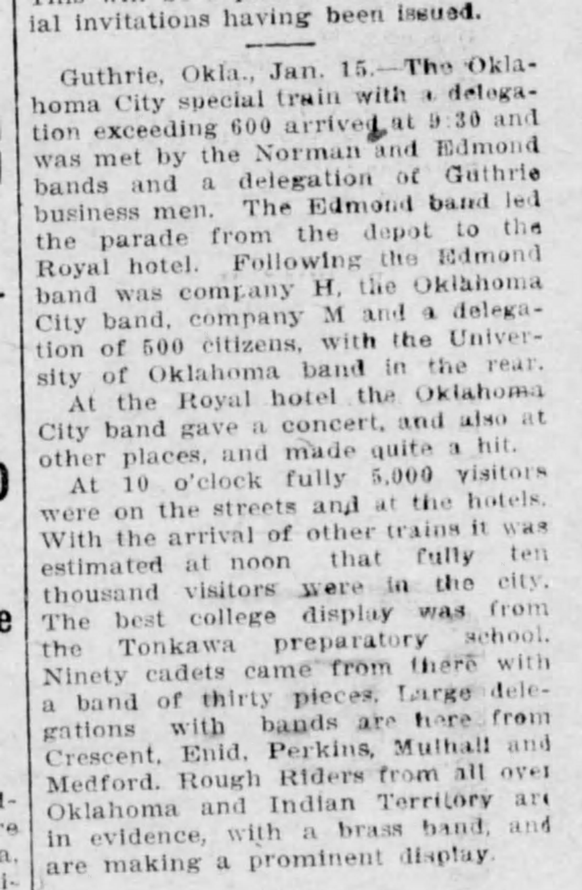 Newspaper clipping from The Weekly Times Journal, January 19, 1906, page 6, documenting Norman Band; Edmond Band; Oklahoma City Band; University of Oklahoma Band; Crescent Band; Enid Band; Perkins Band; Mulhall Band; Medford Band; Tonkawa Preparatory School Band; Rough Riders brass band.
